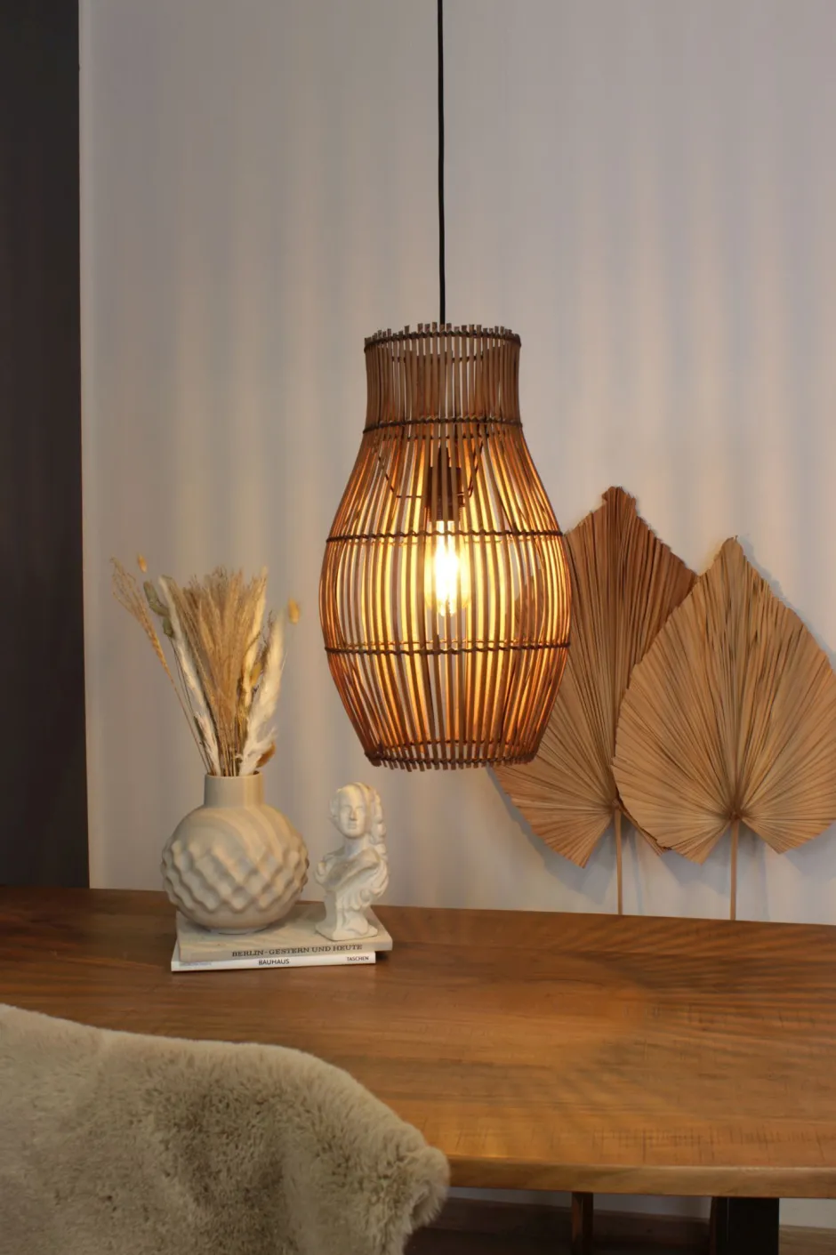 Eco-Light Hängelampe Bambus Natur Schwarz rund Ø30 cm E27 Modern< Wohnzimmerlampen|Metall Lampen