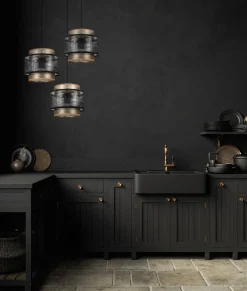 Belis Hängelampe blendarm Schwarz Gold E27 Stoff Ø38 cm rund< Hängelampen|Bürolampen