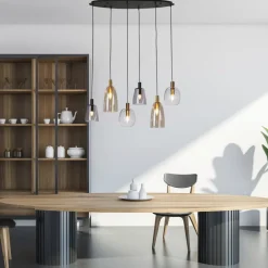 Searchlight Hängelampe 6-flammig E14 B: 95 cm Glas Metall Vintage< Hängelampen|Bürolampen