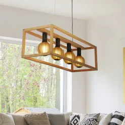 Hängelampen|Esszimmer Lampen*Searchlight Hängelampe 4-flammig E27 Natur Schwarz Bambus Holz Metall