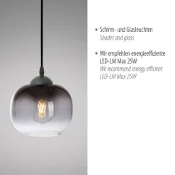 Just Light Hängelampe Glasschirm Rauchgrau Schwarz E27 Ø19 cm rund< Hängelampen|Bürolampen