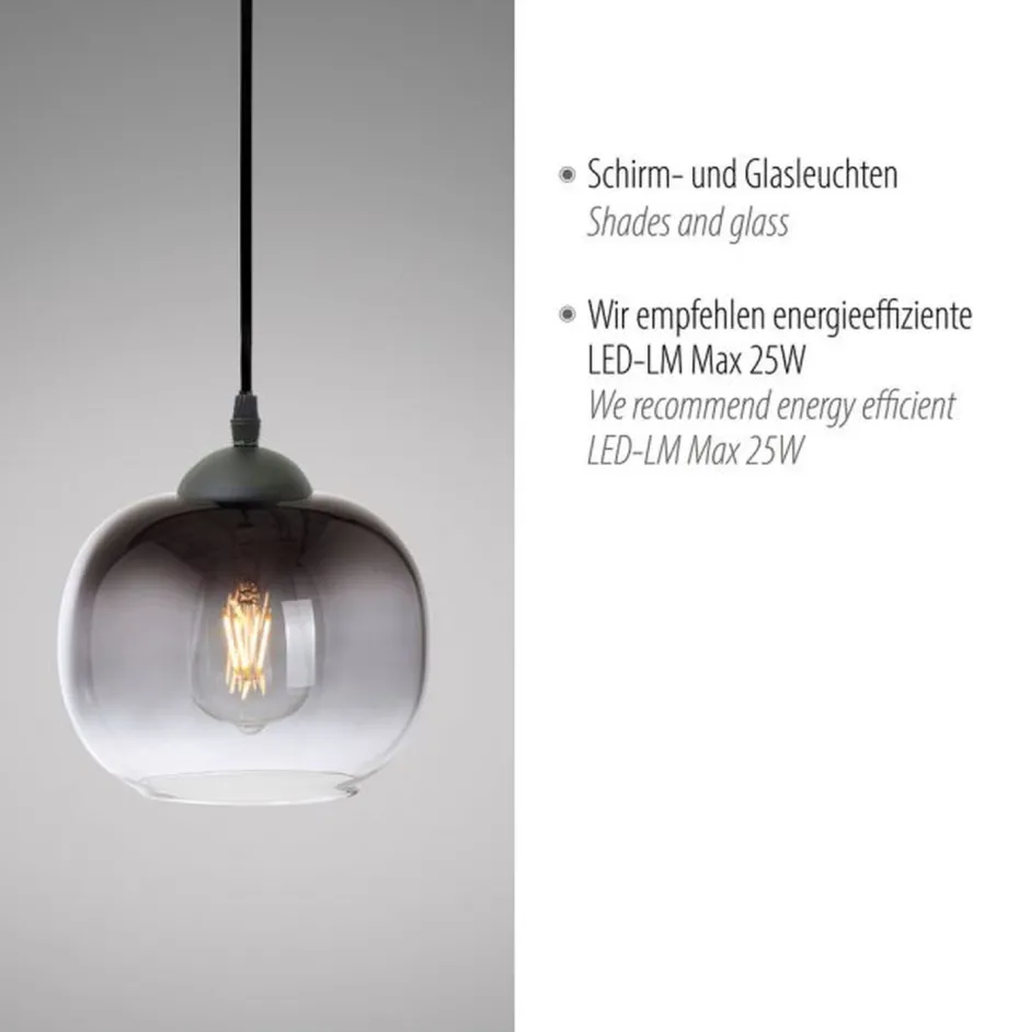 Just Light Hängelampe Glasschirm Rauchgrau Schwarz E27 Ø19 cm rund< Hängelampen|Bürolampen