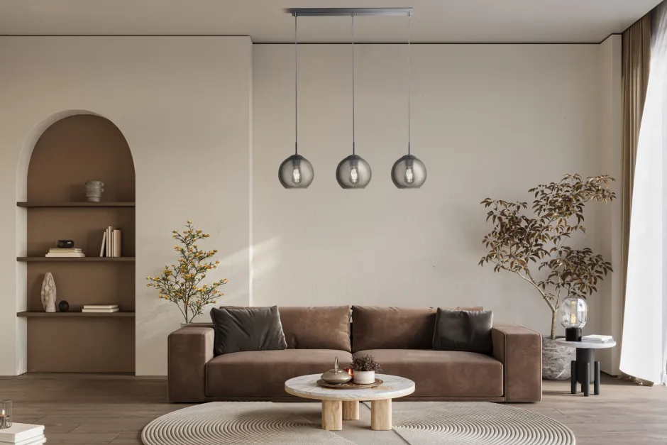 Hängelampen|Wohnzimmerlampen*Searchlight Hängelampe Grau Chrom B: 81 cm Glas Kugel Schirm 3x E27