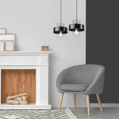 Lamkur Hängelampe Modern Metall 2-flammig Schwarz Chrom E27 AFINA< Bürolampen|Küchenlampen