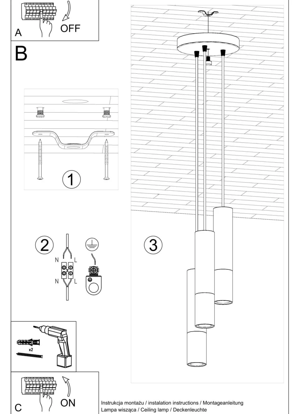 Hängelampen|Esszimmer Lampen*Sollux Hängelampe Schwarz Kupfer 3-flammig höhenverstellbar