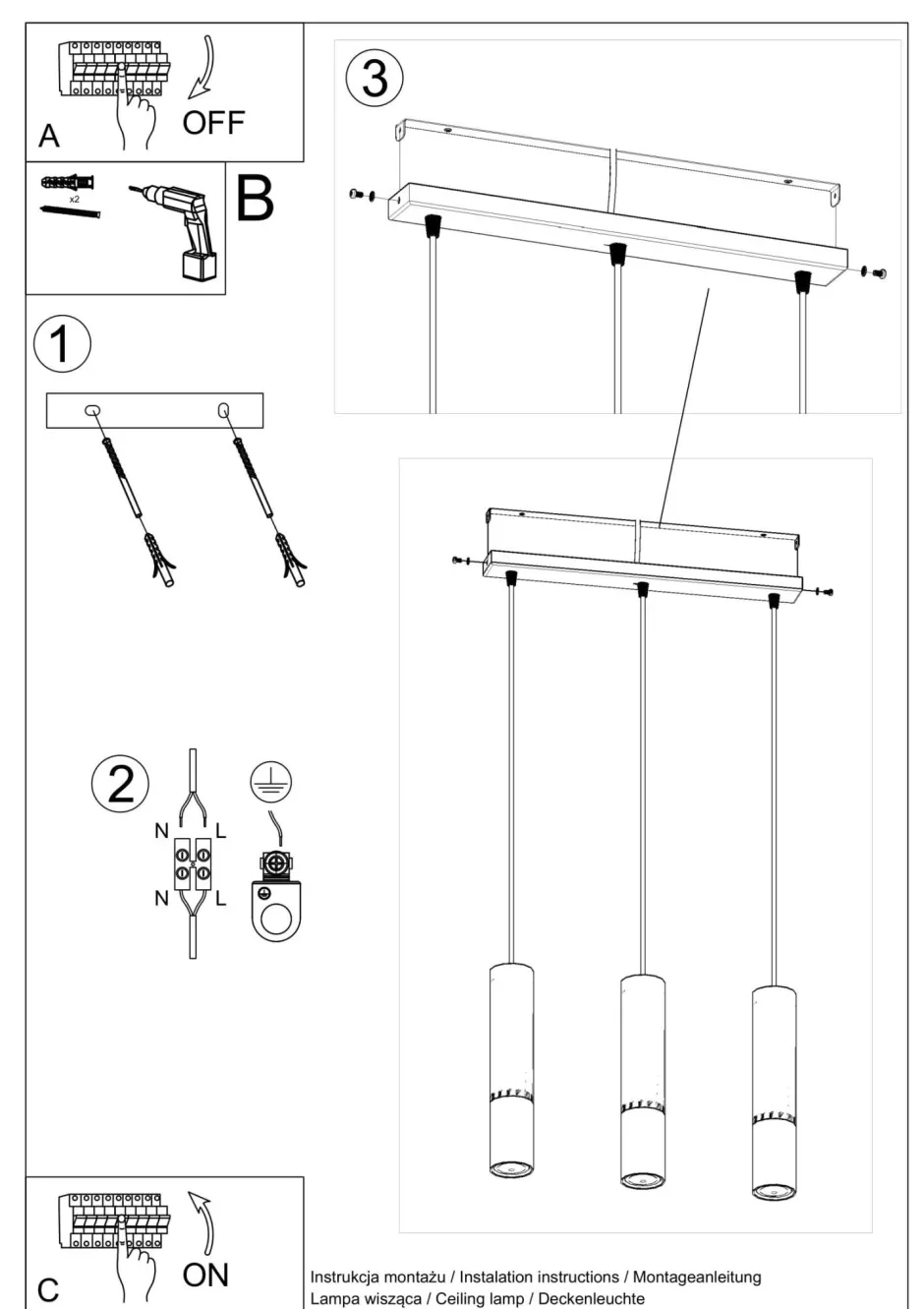 Sollux Hängelampe Schwarz Kupfer 3-flammig B: 45 cm Metall< Wohnzimmerlampen|Moderne Lampen