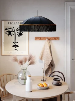 By Rydéns Hängelampe Stoffschirm Fransen D: 60 cm Schwarz Gold E27< Hängelampen|Wohnzimmerlampen