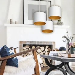 Luminex Hängelampe Weiß Gold Stoff Metall B:45 cm blendarm< Hängelampen|Bürolampen