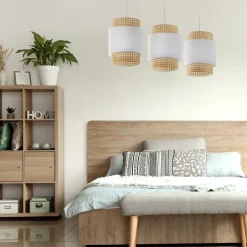 TK Lighting Hängelampe Weiß Natur Stoff Rattan E27 Boho Esstisch< Hängelampen|Esszimmer Lampen