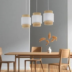 TK Lighting Hängelampe Weiß Natur Stoff Rattan E27 Boho Esstisch< Hängelampen|Esszimmer Lampen