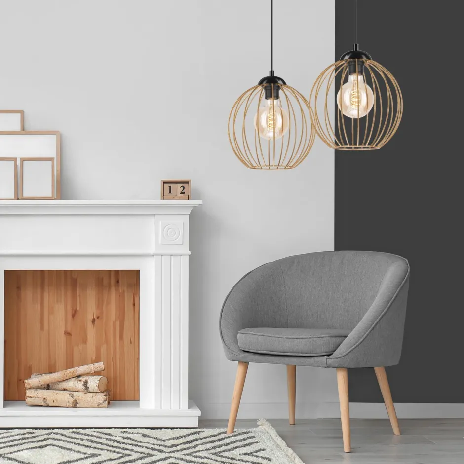 Hängelampen|Esszimmer Lampen*Lamkur Hängeleuchte 2-flammig E27 in Schwarz Gold Metall Draht