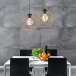 Hängelampen|Esszimmer Lampen*Lamkur Hängeleuchte 2-flammig E27 in Schwarz Gold Metall Draht