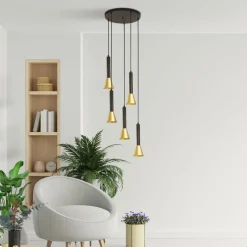Searchlight Hängeleuchte 5-flammig GU10 Ø 37 cm in Schwarz Gold< Hängelampen|Bürolampen