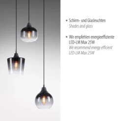 Just Light Hängeleuchte Glas Metall Rauchgrau Schwarz E14 B:38 cm< Hängelampen|Bürolampen