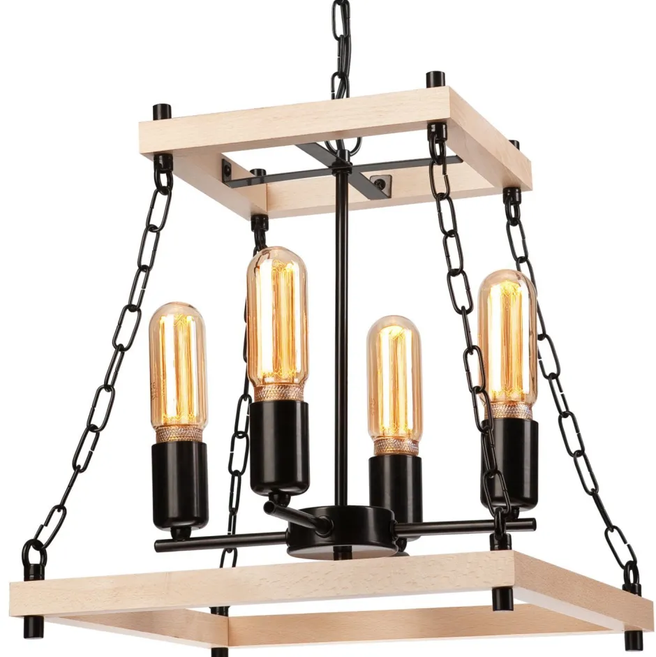 Lamkur Hängeleuchte Holz Metall B: 37 cm Rustikal 4-flammig E27< Rustikale Lampen|Holzlampen