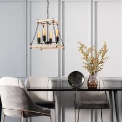 Lamkur Hängeleuchte Holz Metall B: 37 cm Rustikal 4-flammig E27< Rustikale Lampen|Holzlampen