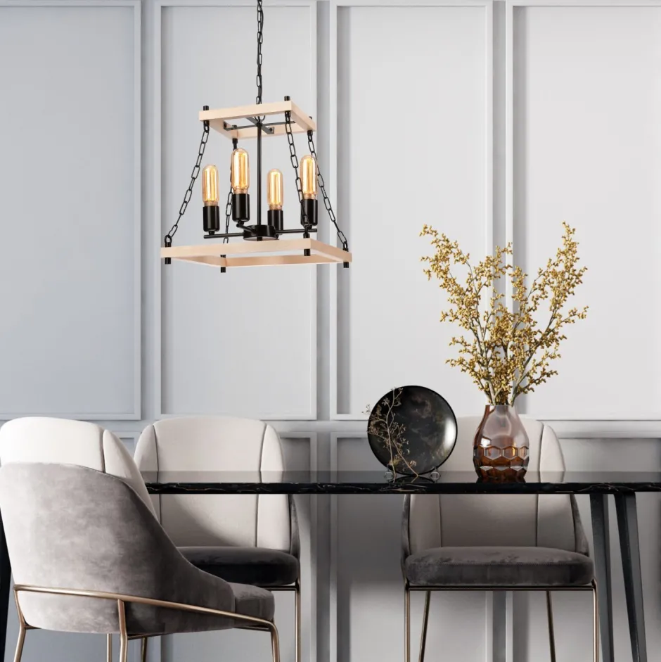 Lamkur Hängeleuchte Holz Metall B: 37 cm Rustikal 4-flammig E27< Rustikale Lampen|Holzlampen