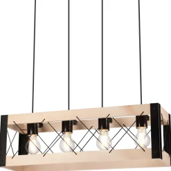 Lamkur Hängeleuchte Holz Metall 4x E27 B: 63 cm Schwarz Natur Rustikal< Bürolampen|Rustikale Lampen