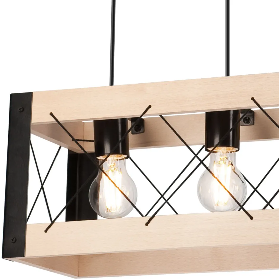 Lamkur Hängeleuchte Holz Metall 4x E27 B: 63 cm Schwarz Natur Rustikal< Bürolampen|Rustikale Lampen