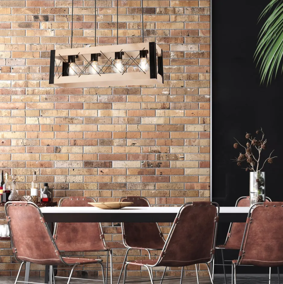 Lamkur Hängeleuchte Holz Metall 4x E27 B: 63 cm Schwarz Natur Rustikal< Bürolampen|Rustikale Lampen