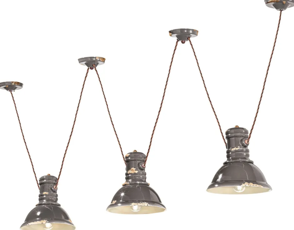 Ferroluce Hängeleuchte Keramik E27 Taupe Shabby Antik 3-flammig< Wohnzimmerlampen|Keramiklampen