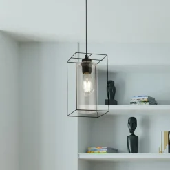 Hängelampen|Wohnzimmerlampen*Searchlight Hängeleuchte Metall Glas eckig B: 15 cm Schwarz Klar E27