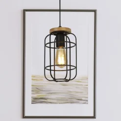 Searchlight Hängeleuchte Metall Holz Ø 15 cm Schwarz Natur E27< Hängelampen|Esszimmer Lampen