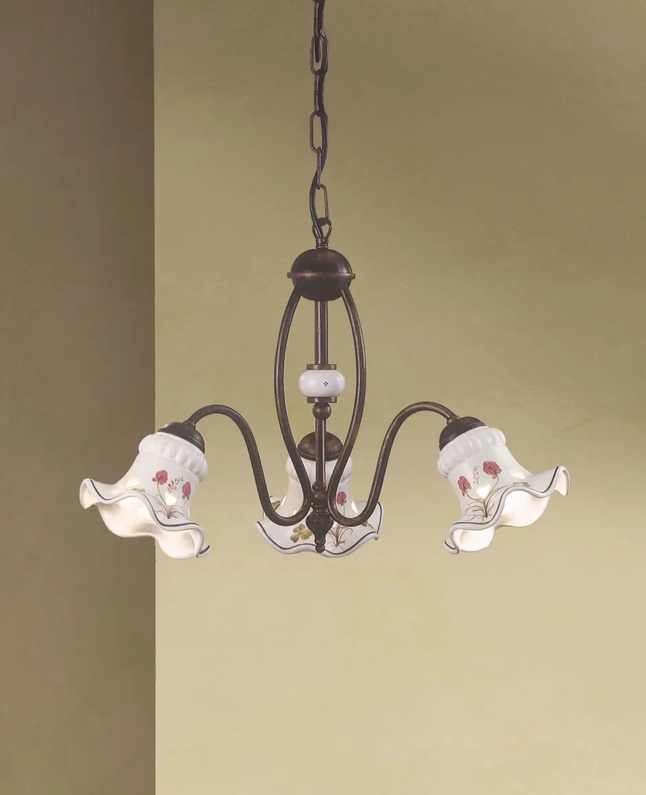 Ferroluce Hängeleuchte Metall Keramik E14 3-flammig Landhaus< Wohnzimmerlampen|Keramiklampen