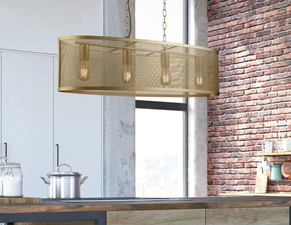 Hängelampen|Wohnzimmerlampen*Searchlight Hängeleuchte Metall Mesh B: 91 cm 4x E27 in Gold