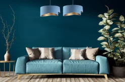 BPS Koncept Hängeleuchte rund D: 50 cm E27 Blau Gold Stoff Velours Optik< Bürolampen|Schlafzimmer Lampen