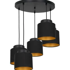 Stofflampen|Wohnzimmerlampen*Luminex Hängeleuchte Schwarz Gold 5 flammig Stoffschirm