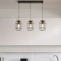 Searchlight Hängeleuchte Schwarz Natur 3-flammig E27 Metall Holz< Hängelampen|Esszimmer Lampen