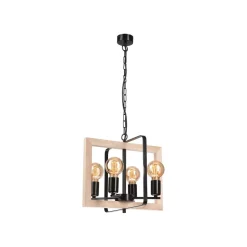 Bürolampen|Rustikale Lampen*Lamkur Hängeleuchte Schwarz Natur Holz Metall Rustikal 4-flammig E27