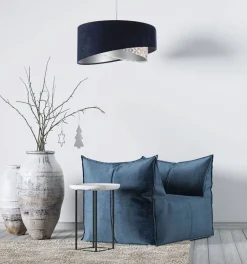 Hängelampen|Bürolampen*BPS Koncept Hängeleuchte Stoff D: 50 cm Velours Optik Blau Beige Silber