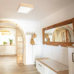 Lamkur Holz Deckenlampe blendarm Glasschirm E27 B:31 cm eckig< Wohnzimmerlampen|Glaslampen