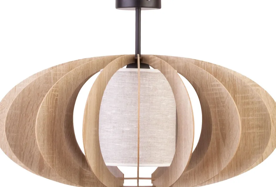 Holzlampen|Moderne Lampen*Sigma Holz Deckenleuchte Eiche Beige Stoff E27 Ø44 cm rund