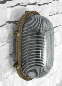 Andromeda Kellerlampe Echt-Messing Glas 26 cm breit IP64 E27< Außenwandleuchten|Feuchtraumleuchten