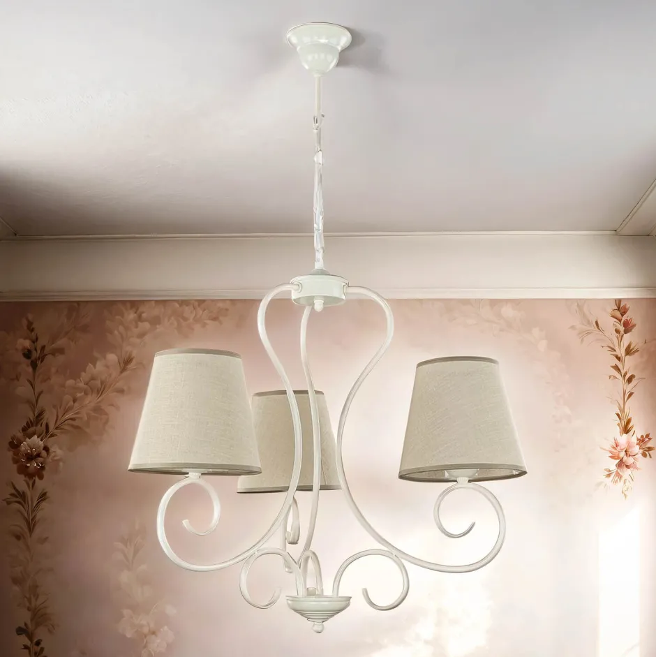 Wohnzimmerlampen|Stofflampen*Lamkur Kronleuchter Beige Landhaus Stoff Esstisch Lampe