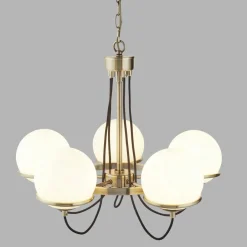 Hängelampen|Esszimmer Lampen*Searchlight Kronleuchter 5-flammig in Messing Antik Weiß E14 Metall Glas