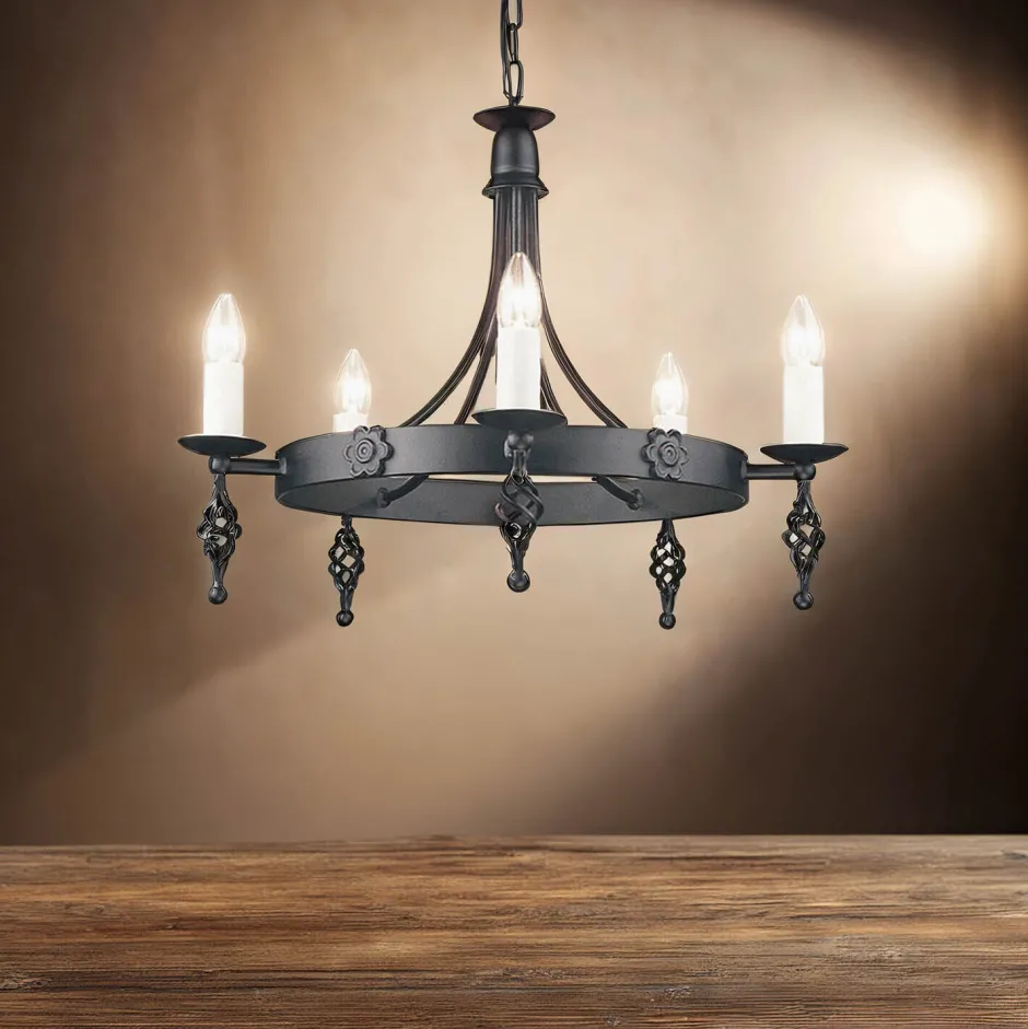 Elstead Kronleuchter Hängend Schwarz Rustikal rund CAMELOT< Rustikale Lampen|Designerlampen