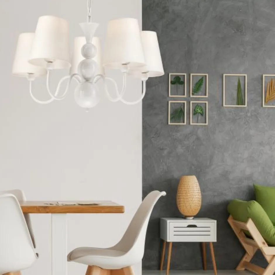 Hängelampen|Esszimmer Lampen*Lamkur Kronleuchter MADISYN Weiß Stoff 5-flmg Esszimmer