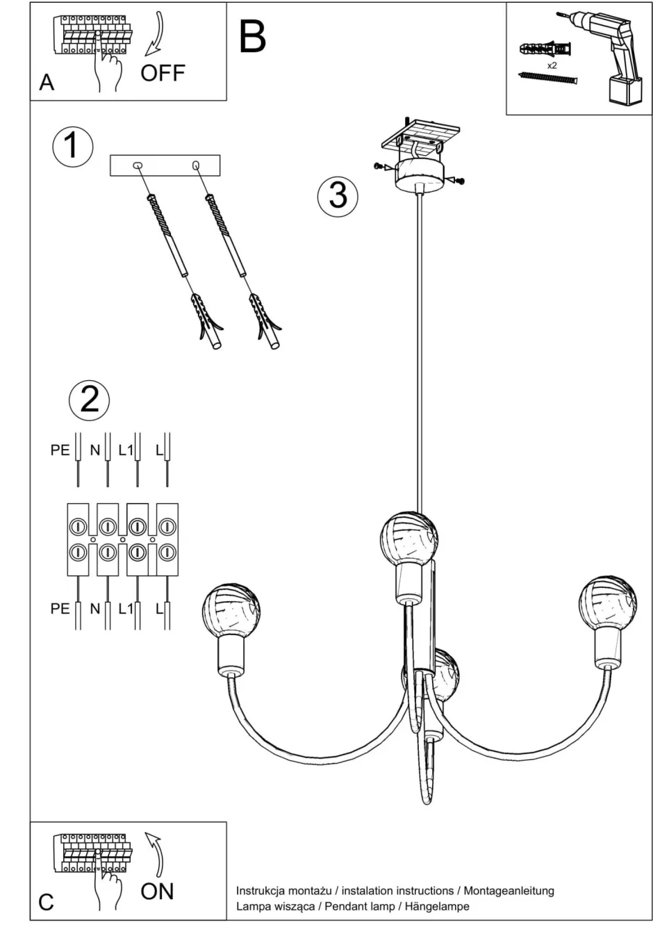 Sollux Kronleuchter Metall Ø 45 cm 3-flammig Retro Schwarz< Wohnzimmerlampen|Esszimmer Lampen