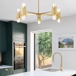 Elstead Kronleuchter Metall Glas E14 B: 106,7 cm in Messing antik Weiß< Hängelampen|Wohnzimmerlampen