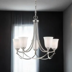 Elstead Kronleuchter mit Schirm Glas Metall in Nickel Weiß KELDA< Wohnzimmerlampen|Glaslampen