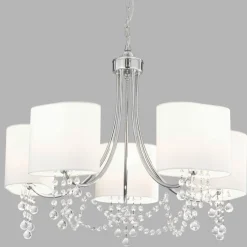 Hängelampen|Wohnzimmerlampen*Searchlight Kronleuchter mit Schirm 5x E14 Chrom Weiß Stoff Metall