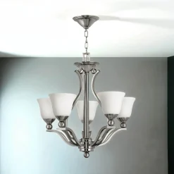 Hängelampen|Moderne Lampen*Elstead Kronleuchter modern Esszimmer in Nickel Weiß Glas Schirm