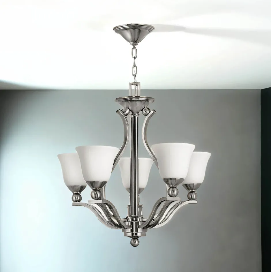 Hängelampen|Moderne Lampen*Elstead Kronleuchter modern Esszimmer in Nickel Weiß Glas Schirm