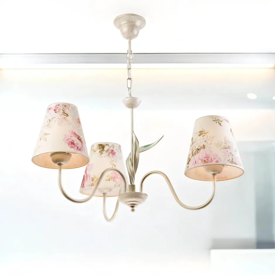 Lamkur Lampe Stoff 3-flmg Landhaus Esstisch geblümt< Hängelampen|Esszimmer Lampen