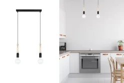 Hängelampen|Bürolampen*Belis Lange Hängelampe Schwarz Holz Metall L:40 cm E27 2-flmg