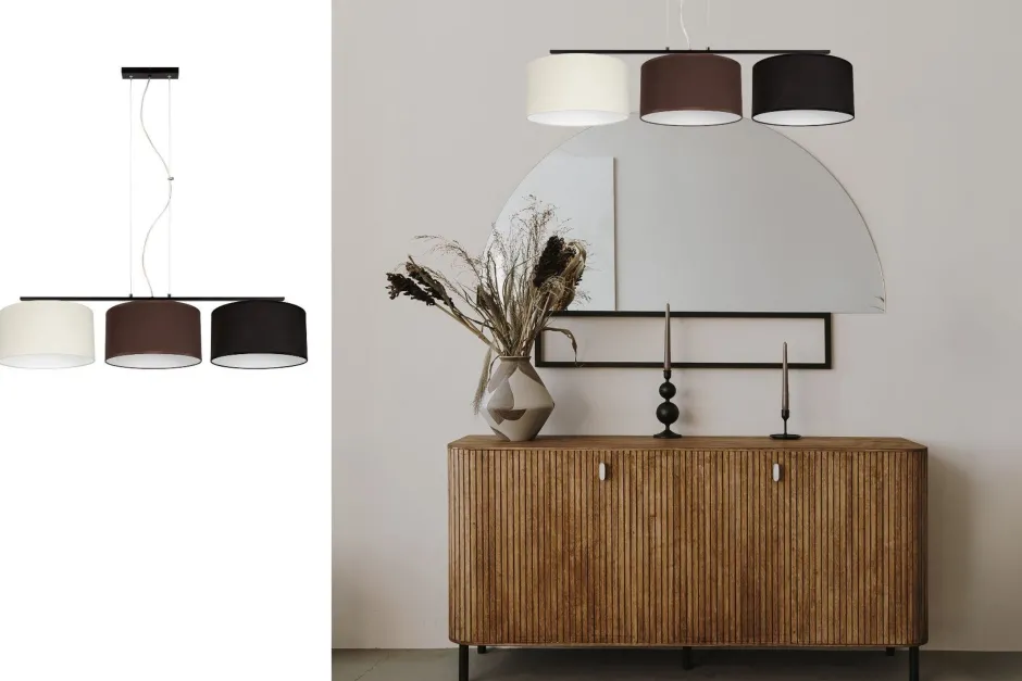 Belis Lange Hängelampe Stoff Ecru Braun Schwarz E27 L:100 cm< Bürolampen|Wohnzimmerlampen